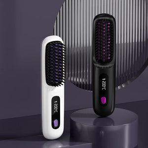2 In 1 Ionic Hair Straightener & Curler Comb | Wireless USB Rechargeable | Heat Styling Tool for Smooth Hair